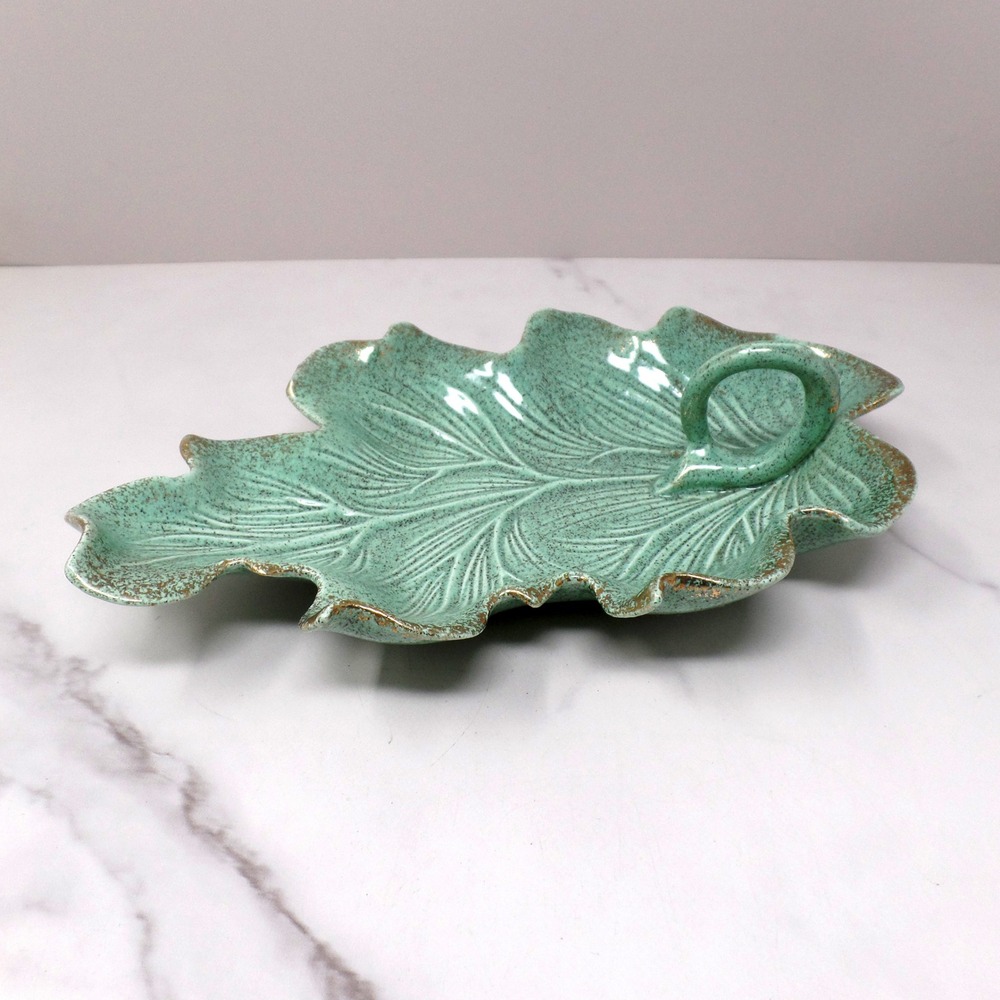 Vintage California Originals Ceramic Oak Leaf Dish, Turquoise w Gold Trim #114